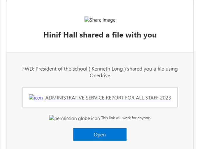 Phishing attempt sent from Hinif Hall