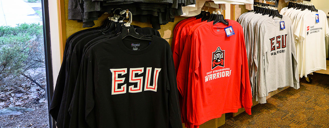 a line of sweatshirts in different colors with different versions of the ESU branding