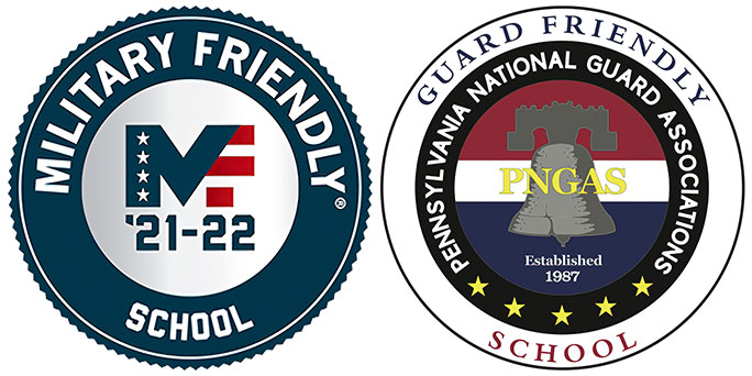 Military Friendly School '21-22 seal and Guard Friendly School seal